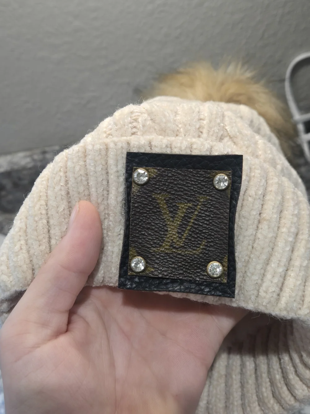 Louis Vuitton Custom Cream Cable Knit Beanie with Brown Fur Pom